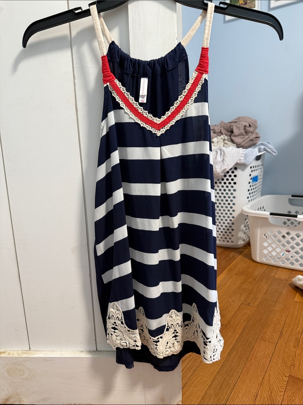 Navy & White Striped tank with Red Trim